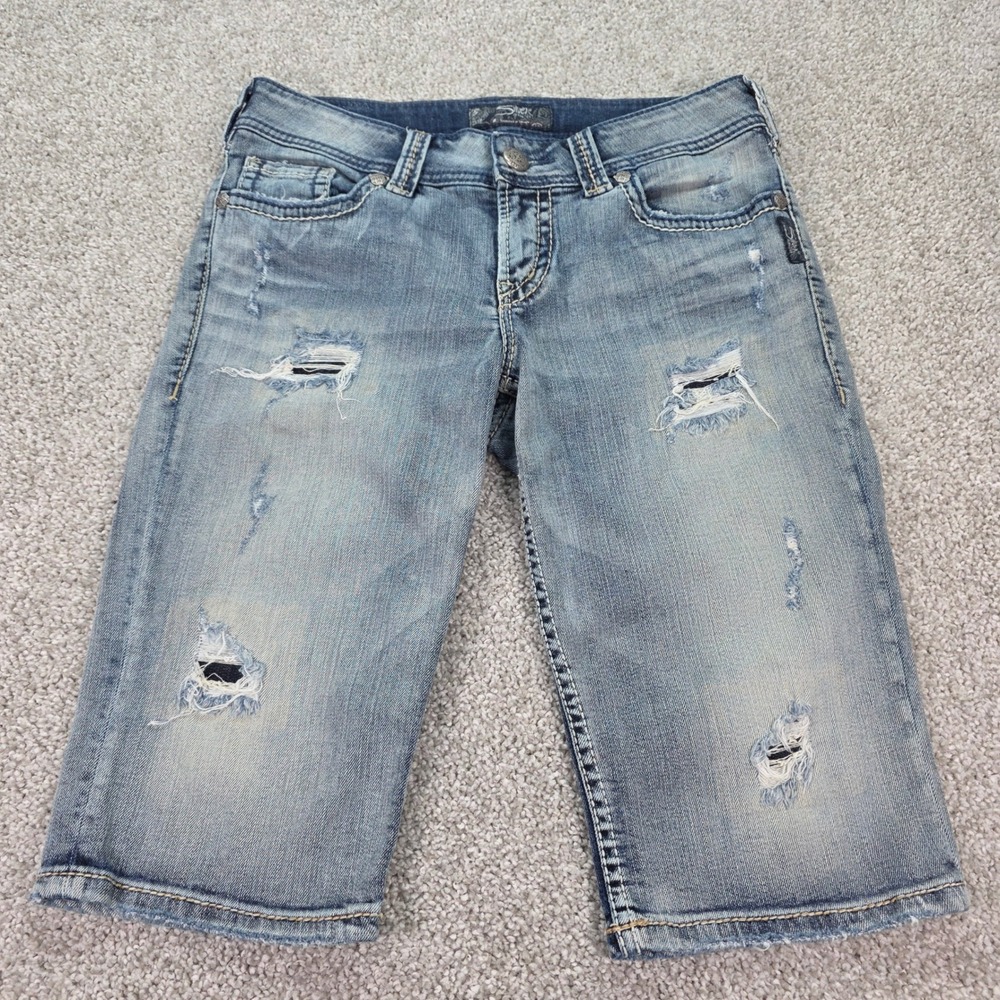 Silver Jeans Co Suki Flap Bermuda Shorts Distressed Denim Light Wash Men W29 Y2K